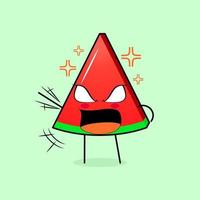 cute watermelon slice character with angry expression. green and red. suitable for emoticon, logo, mascot. one hand raised, eyes bulging and mouth wide open vector