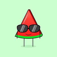 lindo personaje de rebanada de sandía con expresión de sonrisa y anteojos negros. verde y rojo. adecuado para emoticonos, logotipos, mascotas o pegatinas vector