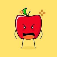 cute red apple character with angry expression. mouth wide open. green and red. suitable for emoticon, logo, mascot vector