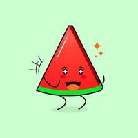 lindo personaje de rebanada de melón con sonrisa y expresión feliz, dos manos apretadas y ojos brillantes. verde y rojo. adecuado para emoticonos, logotipos, mascotas e iconos vector