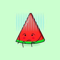 cute watermelon slice character with hopeless expression and sit down. green and red. suitable for emoticon, logo, mascot and icon vector