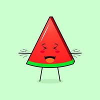 lindo personaje de rebanada de melón con sonrisa y expresión feliz, ojos cerrados, boca abierta y ambas manos temblando. verde y rojo. adecuado para emoticonos, logotipos, mascotas e iconos vector