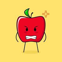 lindo personaje de manzana roja con expresión enojada. ojos saltones y sonrientes. verde y rojo. adecuado para emoticonos, logotipos, mascotas vector