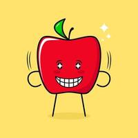 lindo personaje de manzana roja con sonrisa y expresión feliz, ojos brillantes y sonriente. verde y rojo. adecuado para emoticonos, logotipos, mascotas e iconos vector