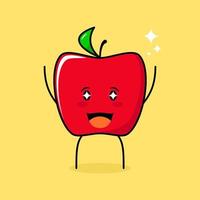 cute red apple character with smile and happy expression, two hands up, mouth open and sparkling eyes. green and red. suitable for emoticon, logo, mascot and icon vector