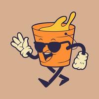 Paint bucket mascot character walking while using glasses. Retro vintage mascot illustration. vector