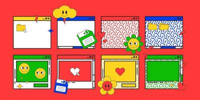 Retro vintage colorful UI window with cute cartoon design element. Old computer pop up window. vector