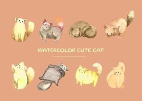 conjunto de ilustración de gatos lindos acuarela. gatitos dibujados a mano imágenes prediseñadas de acuarela. vector