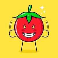 lindo personaje de tomate con expresión feliz, ojos brillantes y sonriente. verde, rojo y amarillo. adecuado para emoticonos, logotipos, mascotas vector