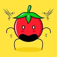 lindo personaje de tomate con expresión sorprendida, boca abierta y ojos saltones. verde, rojo y amarillo. adecuado para emoticonos, logotipos, mascotas vector