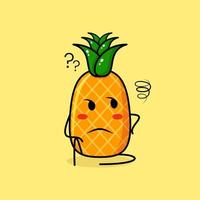 cute pineapple character with thinking expression and sit down. green and yellow. suitable for emoticon, logo, mascot vector