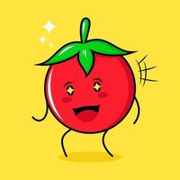 cute tomato character with happy expression, mouth open and sparkling eyes. green, red and yellow. suitable for emoticon, logo, mascot vector