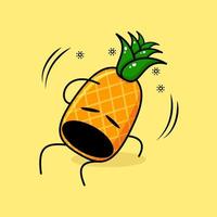 lindo personaje de piña con expresión mareada, boca abierta, sentarse y una mano en la cabeza. verde y amarillo. adecuado para emoticonos, logotipos, mascotas vector