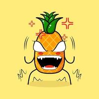 lindo personaje de piña con expresión muy enojada. ojos saltones y la boca abierta de par en par. verde y amarillo. adecuado para emoticonos, logotipos, mascotas vector