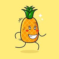 lindo personaje de piña con expresión feliz, ojos brillantes, correr y sonreír. verde y amarillo. adecuado para emoticonos, logotipos, mascotas vector