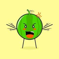 cute watermelon character with angry expression. green and yellow. suitable for emoticon, logo, mascot. both hands raised and mouth open vector