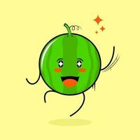 cute watermelon character with happy expression, jump, one hand up, mouth open and sparkling eyes. green and yellow. suitable for emoticon, logo, mascot vector