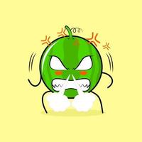 cute watermelon character with angry expression. nose blowing smoke, eyes bulging and grinning. green and yellow. suitable for emoticon, logo, mascot vector