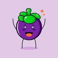 lindo personaje de mangostán con sonrisa y expresión feliz, dos manos arriba, boca abierta y ojos brillantes. verde y morado. adecuado para emoticonos, logotipos, mascotas e iconos vector