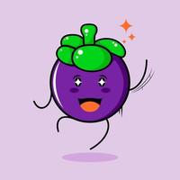 lindo personaje de mangostán con sonrisa y expresión feliz, salto, una mano arriba, boca abierta y ojos brillantes. verde y morado. adecuado para emoticonos, logotipos, mascotas e iconos vector