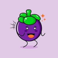 lindo personaje de mangostán con sonrisa y expresión feliz, dos manos apretadas y ojos brillantes. verde y morado. adecuado para emoticonos, logotipos, mascotas e iconos vector