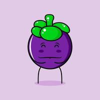 lindo personaje de mangostán con sonrisa y expresión feliz, ojos cerrados, ambas manos en el estómago y sonriendo. verde y morado. adecuado para emoticonos, logotipos, mascotas e iconos vector