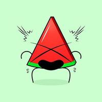 lindo personaje de rebanada de sandía con expresión de sorpresa y boca abierta. verde y rojo. adecuado para emoticonos, logotipos, mascotas e iconos vector