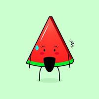 lindo personaje de rebanada de sandía con expresión de sorpresa y boca abierta. verde y rojo. adecuado para emoticonos, logotipos, mascotas o pegatinas vector