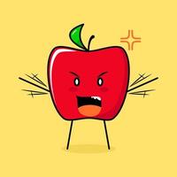 lindo personaje de manzana roja con expresión enojada. verde y rojo. adecuado para emoticono, logo, mascota. ambas manos levantadas y boca abierta vector