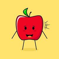 lindo personaje de manzana roja con sonrisa y expresión feliz, boca abierta. verde y rojo. adecuado para emoticonos, logotipos, mascotas e iconos vector