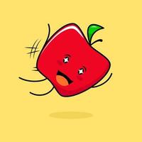 lindo personaje de manzana roja con sonrisa y expresión feliz, mosca de salto, boca abierta y ojos brillantes. verde y rojo. adecuado para emoticonos, logotipos, mascotas e iconos vector