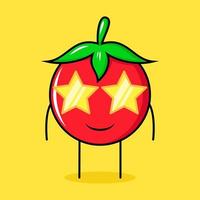 lindo personaje de tomate con expresión de sonrisa y anteojos de estrellas. verde, rojo y amarillo. adecuado para emoticonos, logotipos, mascotas vector