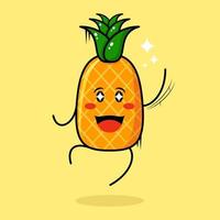 lindo personaje de piña con expresión feliz, salto, una mano arriba, boca abierta y ojos brillantes. verde y amarillo. adecuado para emoticonos, logotipos, mascotas vector