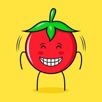 lindo personaje de tomate con expresión feliz, ojos cerrados y sonriente. verde, rojo y amarillo. adecuado para emoticonos, logotipos, mascotas vector