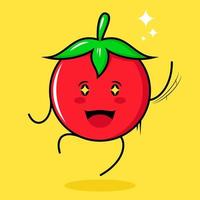 lindo personaje de tomate con expresión feliz, salto, una mano arriba, boca abierta y ojos brillantes. verde, rojo y amarillo. adecuado para emoticonos, logotipos, mascotas vector