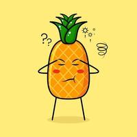 cute pineapple character with thinking expression, close eyes and two hands on head. green and yellow. suitable for emoticon, logo, mascot vector