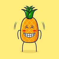 lindo personaje de piña con expresión feliz, ojos cerrados y sonriente. verde y amarillo. adecuado para emoticonos, logotipos, mascotas vector