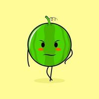 cute watermelon character with cool expression. green and yellow. suitable for emoticon, logo, mascot vector