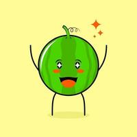 cute watermelon character with happy expression, two hands up, mouth open and sparkling eyes. green and yellow. suitable for emoticon, logo, mascot vector