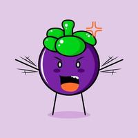 lindo personaje de mangostán con expresión enojada. verde y morado. adecuado para emoticonos, logo, mascota. ambas manos levantadas y boca abierta vector