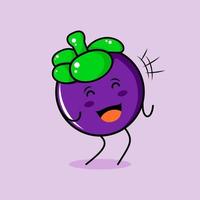 lindo personaje de mangostán con sonrisa y expresión feliz, ojos cerrados y boca abierta. verde y morado. adecuado para emoticonos, logotipos, mascotas e iconos vector