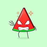 lindo personaje de rebanada de sandía con expresión enojada. verde y rojo. adecuado para emoticono, logo, mascota. una mano levantada, ojos saltones y sonriente vector