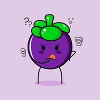 cute mangosteen character with thinking expression and hand placed on chin. green and purple. suitable for emoticon, logo, mascot vector