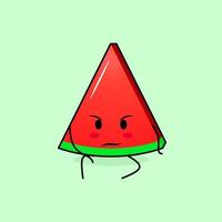 lindo personaje de rebanada de sandía con expresión de intimidación y sentarse. verde y rojo. adecuado para emoticonos, logotipos, mascotas vector