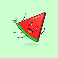 lindo personaje de rebanada de melón con sonrisa y expresión feliz, mosca de salto, boca abierta y ojos brillantes. verde y rojo. adecuado para emoticonos, logotipos, mascotas e iconos vector