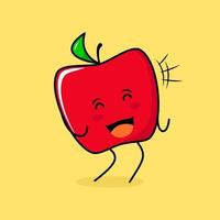 lindo personaje de manzana roja con sonrisa y expresión feliz, ojos cerrados y boca abierta. verde y rojo. adecuado para emoticonos, logotipos, mascotas e iconos vector