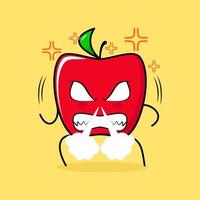 cute red apple character with angry expression. nose blowing smoke, eyes bulging and grinning. green and red. suitable for emoticon, logo, mascot vector