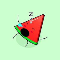 cute watermelon slice character with sleep expression, lie down, close eyes and mouth open. green and red. suitable for emoticon, logo, mascot and icon vector