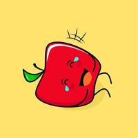 lindo personaje de manzana roja con sonrisa y expresión feliz, acuéstate, cierra los ojos y llora. verde y rojo. adecuado para emoticonos, logotipos, mascotas e iconos vector