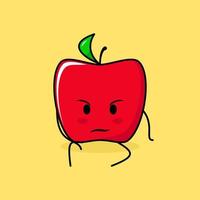 lindo personaje de manzana roja con expresión de intimidación y sentarse. verde y rojo. adecuado para emoticonos, logotipos, mascotas vector